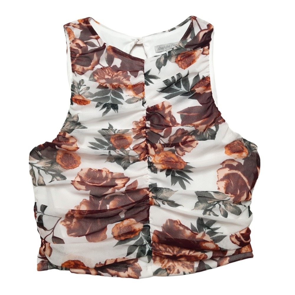 Charlotte Russe Crop Top Womens Juniors Medium White Floral Mesh Ruched‎ Stretch